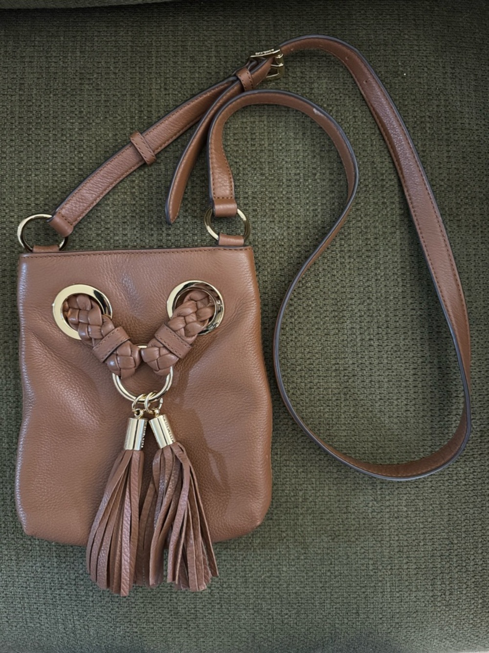 Michael Kors Brown Leather Crossbody with Braided Tassel Detail
